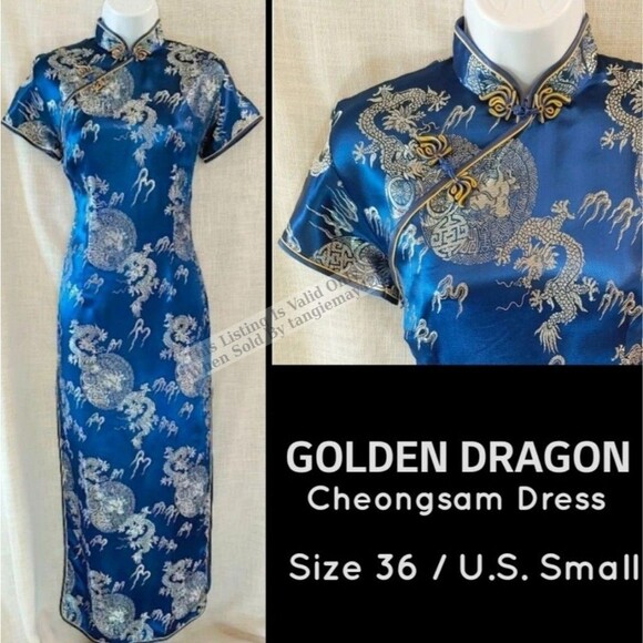 Golden Dragon Blue Satin Cheongsam Sexy Full Length Asian Dress Women's 36 Small - Picture 1 of 13